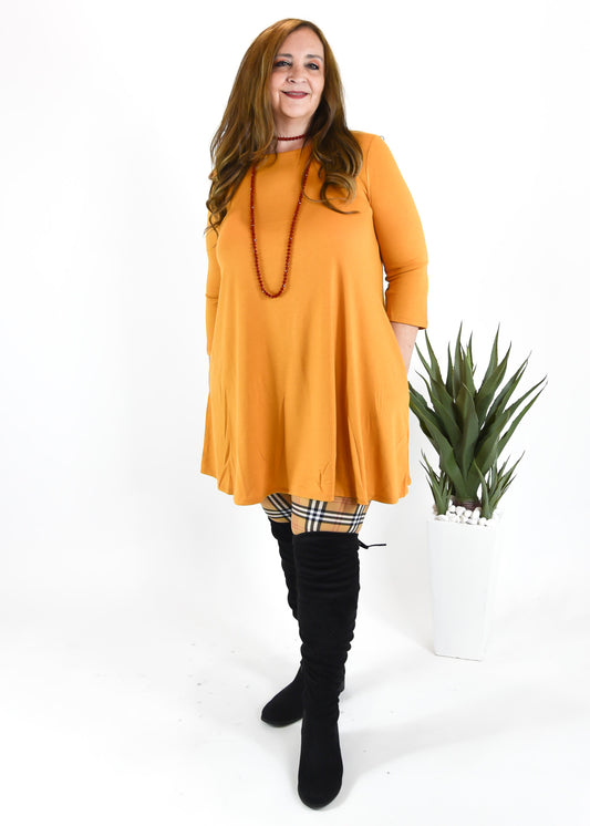 Ash Mustard Plus Size 3/4 Sleeve Tunic with Pockets