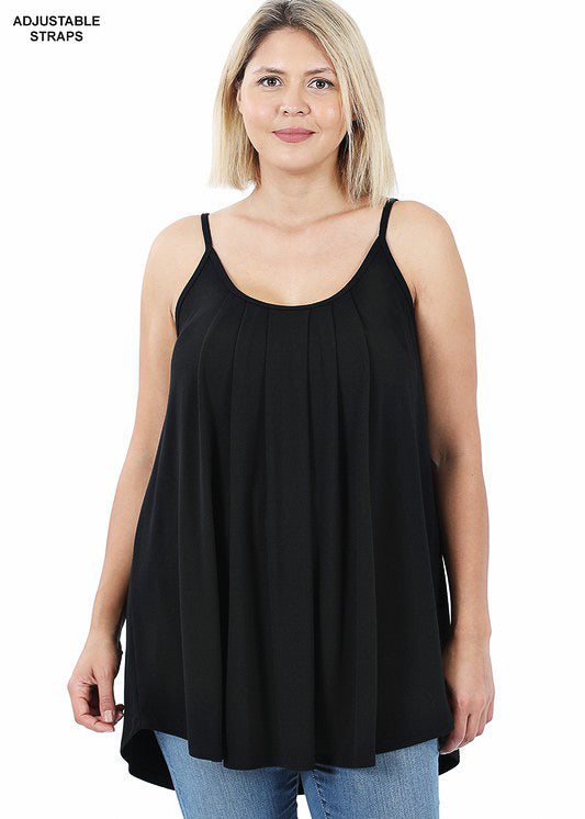 Pleated Cami Top with Adjustable Straps - Black