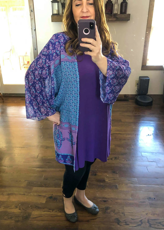 Purple and Blue Floral Kimono with Wide Sleeves - Infinity Lace Boutique