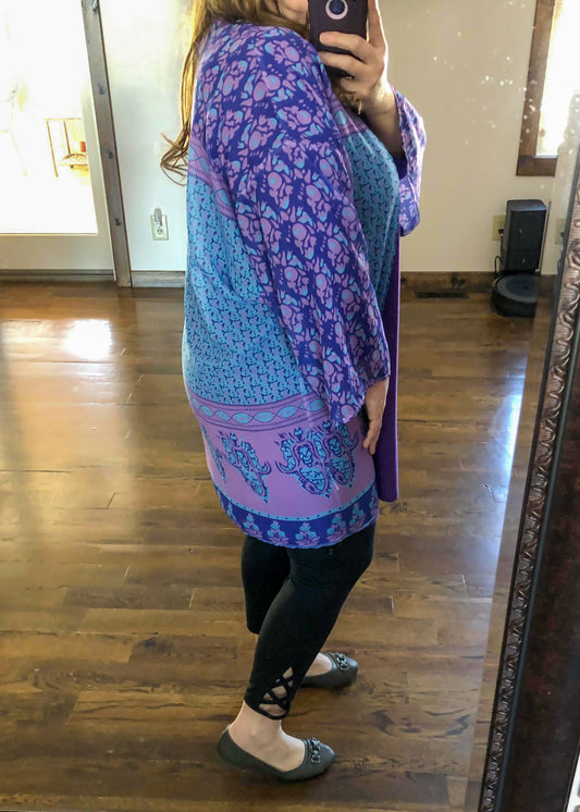 Purple and Blue Floral Kimono with Wide Sleeves - Infinity Lace Boutique