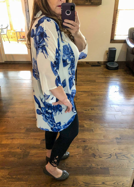 Blue & White Floral Print Kimono - Infinity Lace Boutique