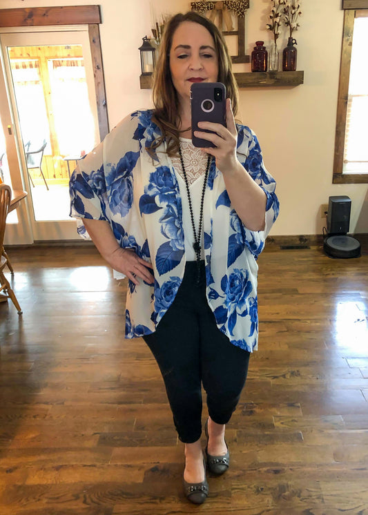 Blue & White Floral Print Kimono - Infinity Lace Boutique