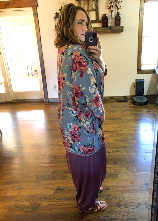 Grey Floral Print Kimono with Open Front - Infinity Lace Boutique