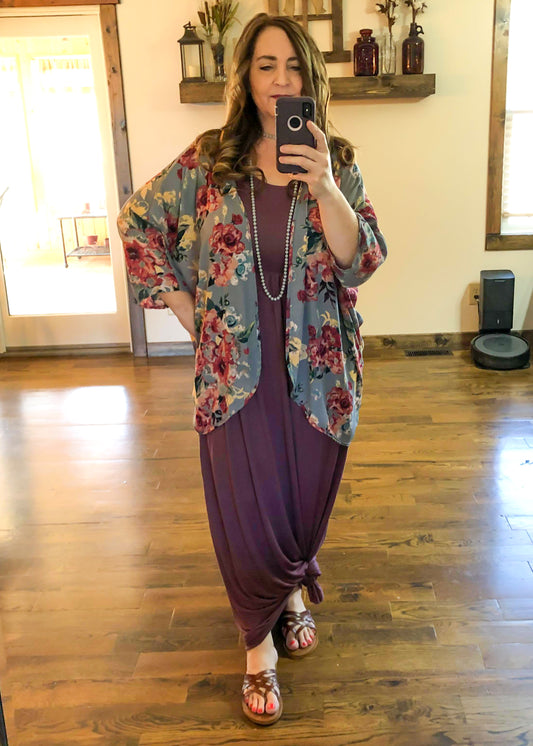 Grey Floral Print Kimono with Open Front - Infinity Lace Boutique