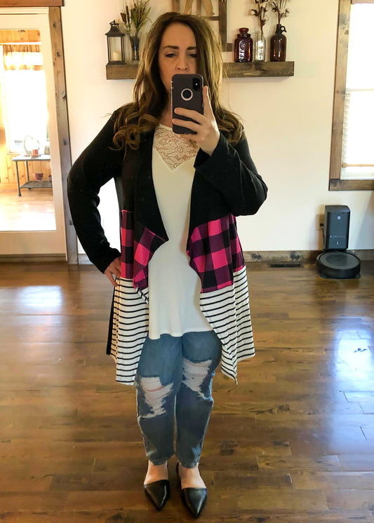 Pink Plaid and Striped Cardigan - Infinity Lace Boutique