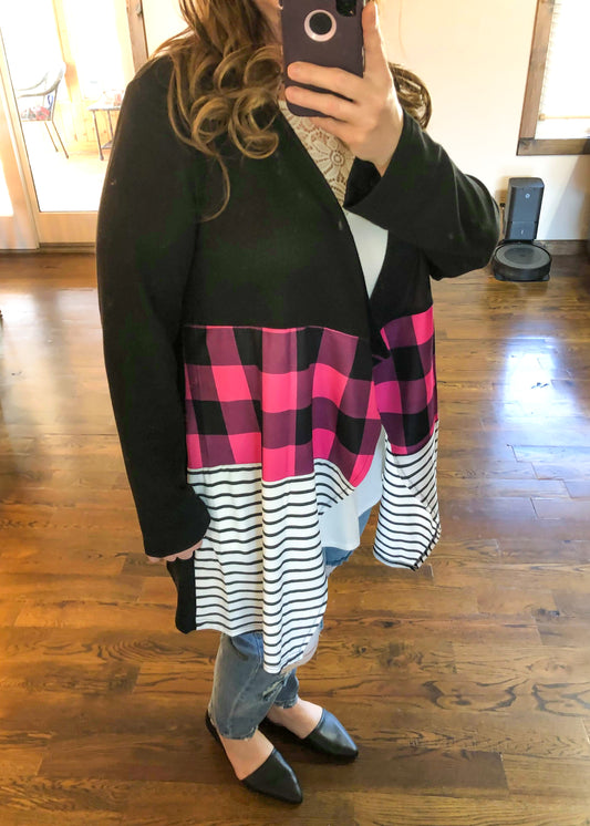 Pink Plaid and Striped Cardigan - Infinity Lace Boutique