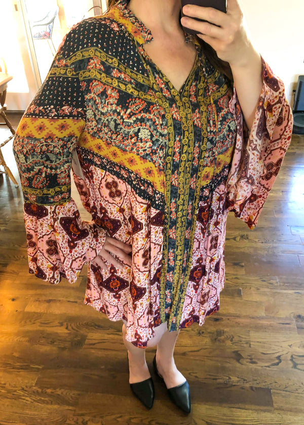 Bohemian Multi Print Dress with Trumpet Sleeves – Infinity Lace Boutique