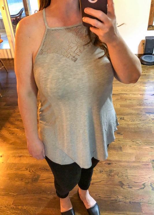 Sweetheart Lace Panel Sleeveless Halter Top - Heather Grey - Infinity Lace Boutique