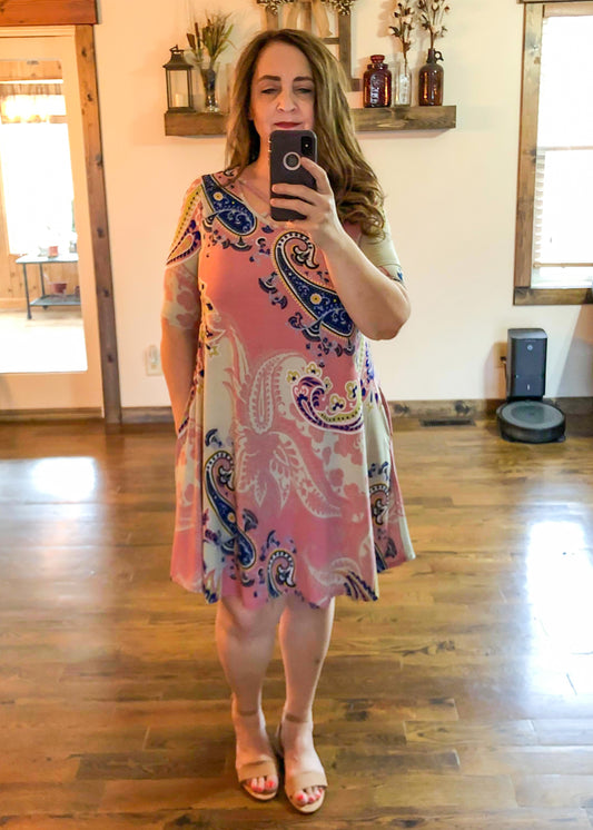 Pink and Blue Paisley Dress with Pockets - Infinity Lace Boutique