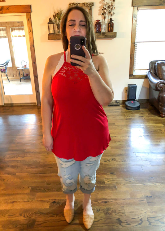 Sweetheart Lace Panel Sleeveless Halter Top - Ruby Red - Infinity Lace Boutique