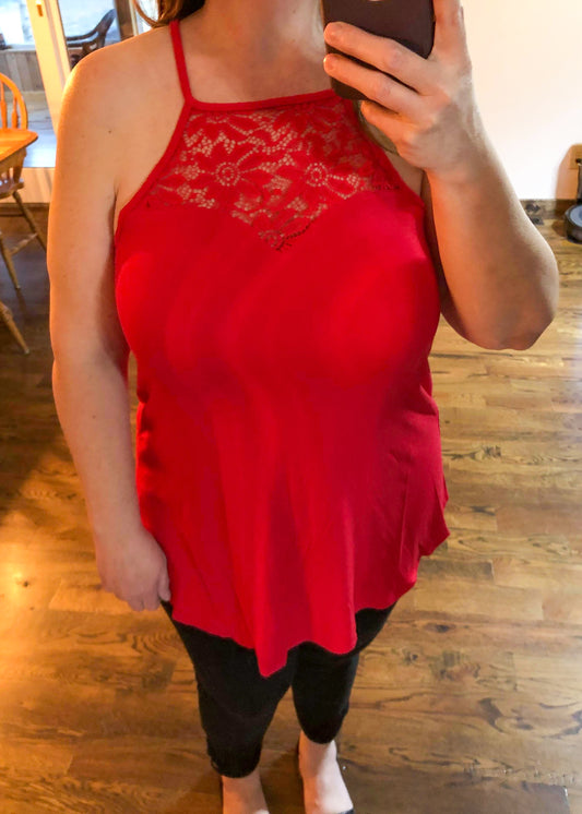 Sweetheart Lace Panel Sleeveless Halter Top - Ruby Red - Infinity Lace Boutique