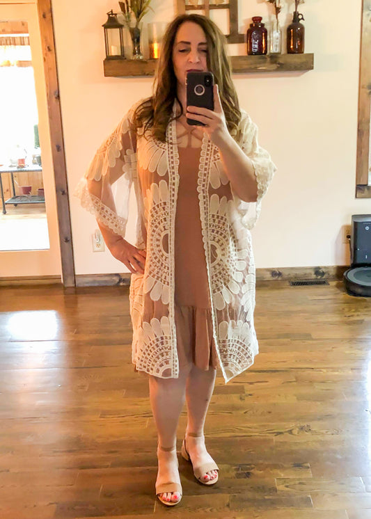 Sunflower Cream Sheer Lace Duster Kimono with Bell Sleeves - Infinity Lace Boutique