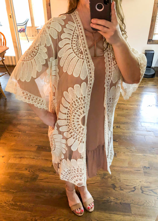 Cream Sheer Lace Duster Kimono with Bell Sleeves - Infinity Lace Boutique