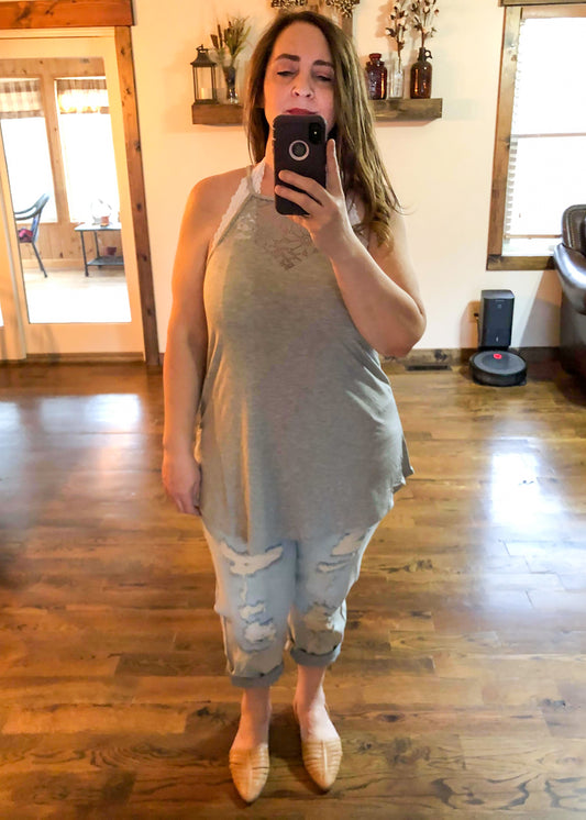 Sweetheart Lace Panel Sleeveless Halter Top - Heather Grey - Infinity Lace Boutique