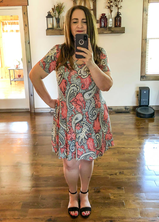 Coral Pink and Grey Paisley Criss Cross Dress with Pockets - Infinity Lace Boutique