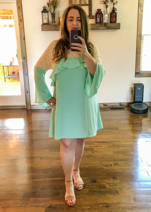 Mint Sheer Lace Dress with Ruffled Yoke - Infinity Lace Boutique