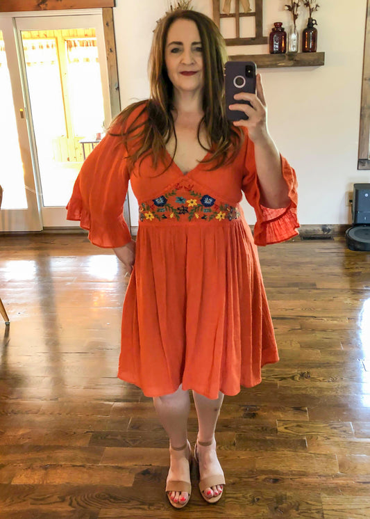 Burnt Orange Floral Dress with Embroidered Detail - Infinity Lace Boutique