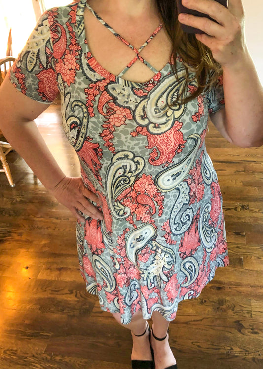 Coral Pink and Grey Paisley Criss Cross Dress with Pockets - Infinity Lace Boutique