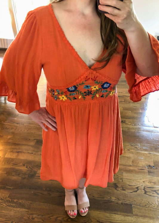 Burnt Orange Floral Dress with Embroidered Detail - Infinity Lace Boutique