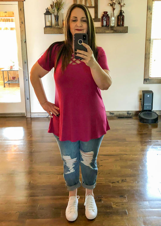 Premium Perfect Short Sleeve Triple Lattice Top - Magenta - Infinity Lace Boutique
