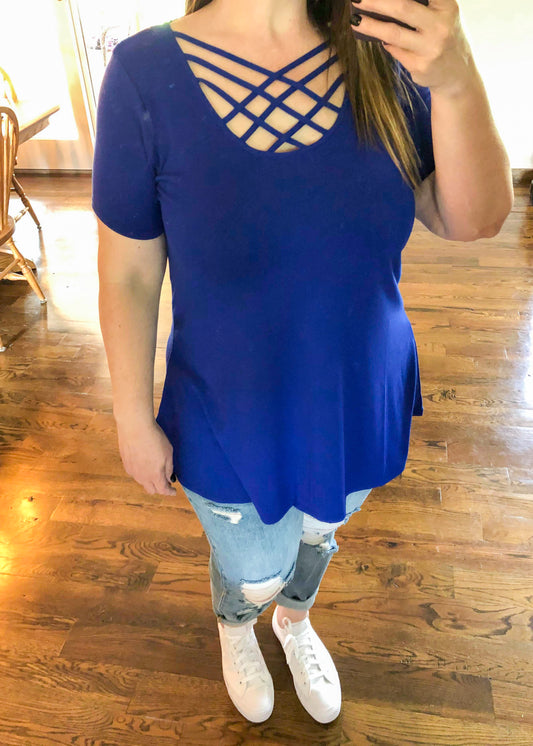 Premium Perfect Short Sleeve Triple Lattice Top - Denim Blue - Infinity Lace Boutique