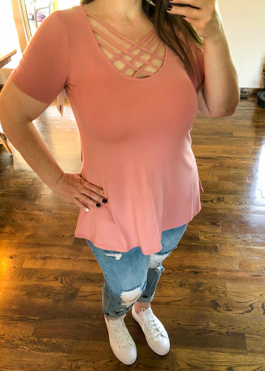 Premium Perfect Short Sleeve Triple Lattice Top - Dusty Rose - Infinity Lace Boutique