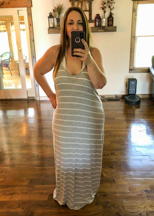 Premium Perfect Striped Maxi Dress w/ Adjustable Straps - Grey - Infinity Lace Boutique