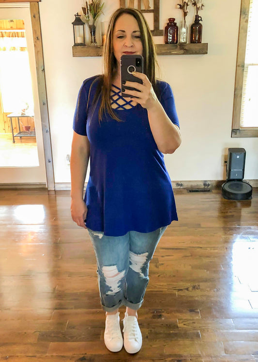 Premium Perfect Short Sleeve Triple Lattice Top - Denim Blue - Infinity Lace Boutique