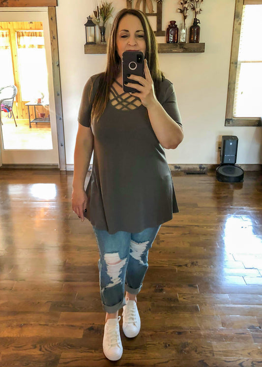 Premium Perfect Short Sleeve Triple Lattice Top - Mid Grey - Infinity Lace Boutique