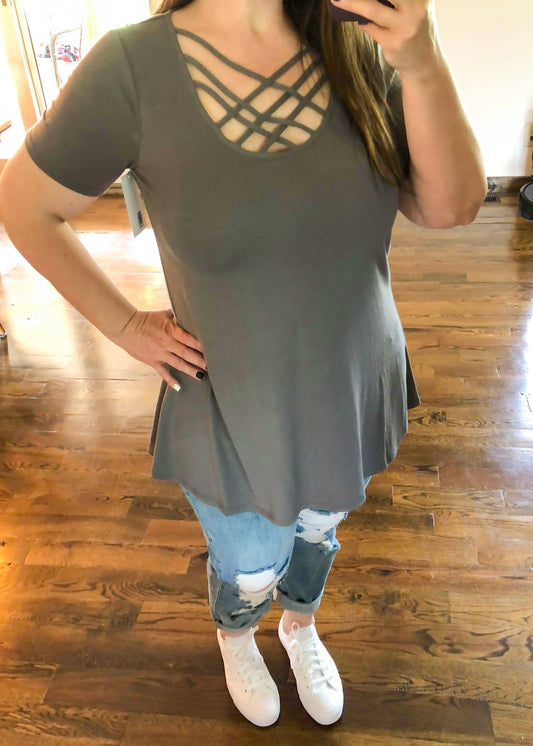 Premium Perfect Short Sleeve Triple Lattice Top - Mid Grey - Infinity Lace Boutique
