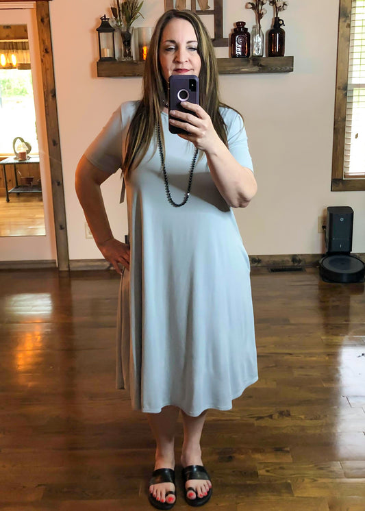 Short Sleeve Midi Dress with Pockets - Grey - Infinity Lace Boutique