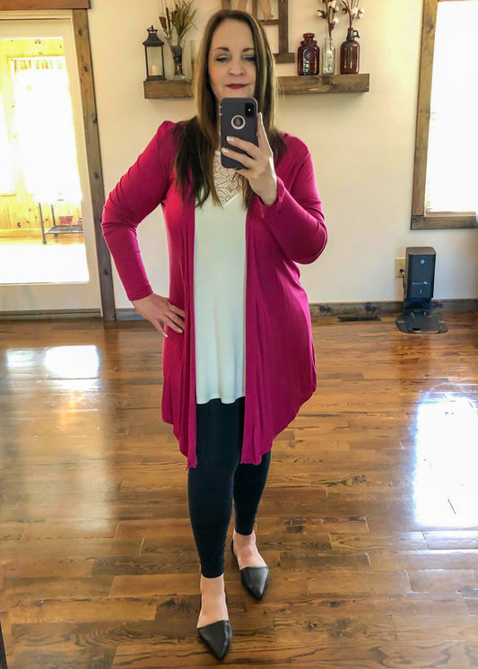 Draped Open Front Long Sleeve Cardigan - Magenta - Infinity Lace Boutique