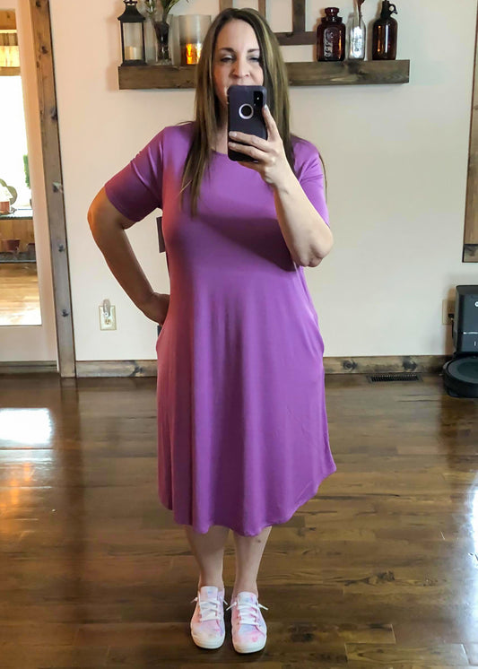 Short Sleeve Midi Dress with Pockets - Dark Mauve - Infinity Lace Boutique