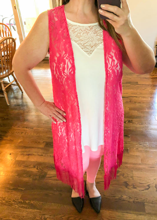 Hot Pink Lace Kimono Duster Vest with Fringe Hem