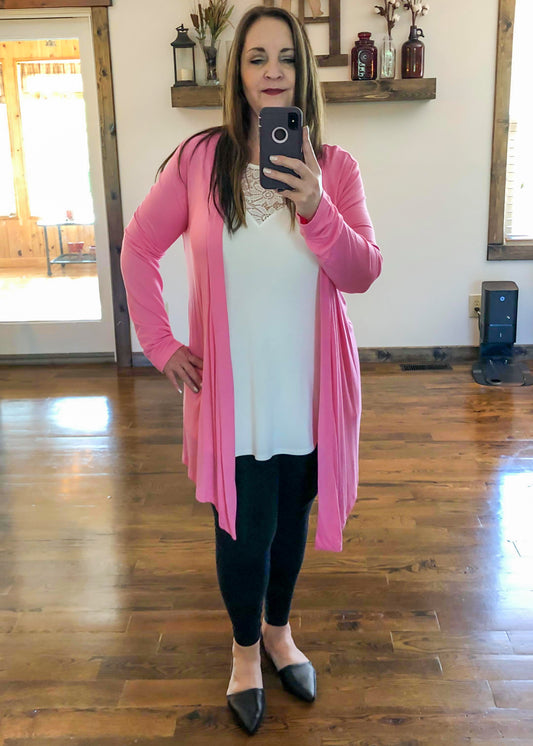 Draped Open Front Long Sleeve Cardigan - Candy Pink - Infinity Lace Boutique