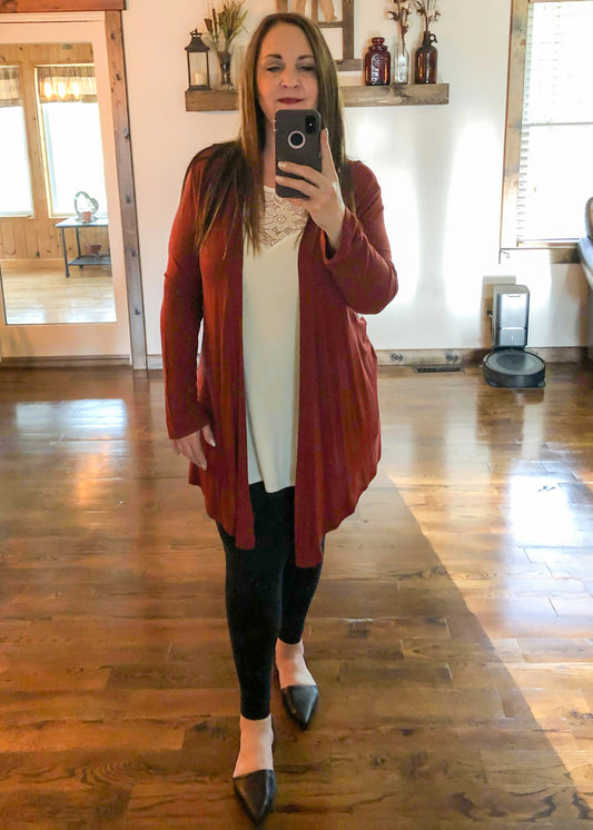 Draped Open Front Long Sleeve Cardigan - Fired Brick - Infinity Lace Boutique