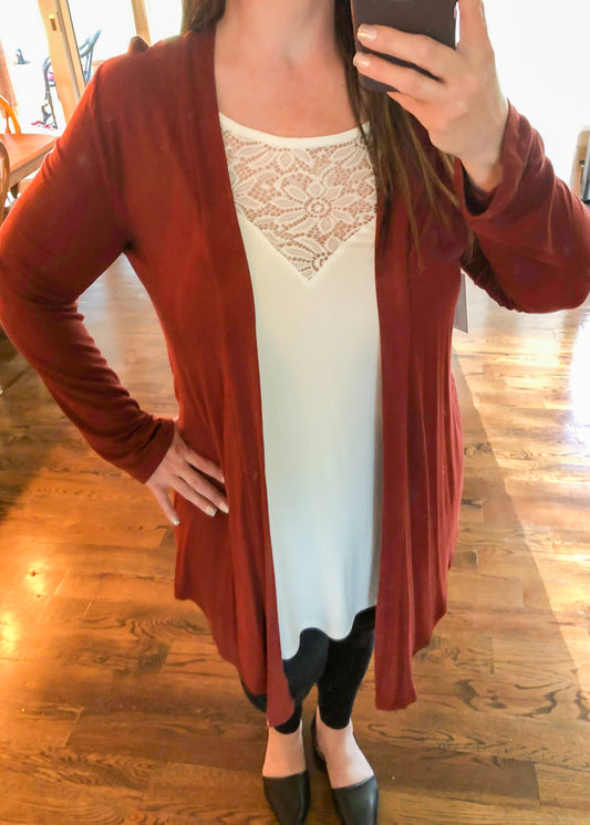 Draped Open Front Long Sleeve Cardigan - Fired Brick - Infinity Lace Boutique