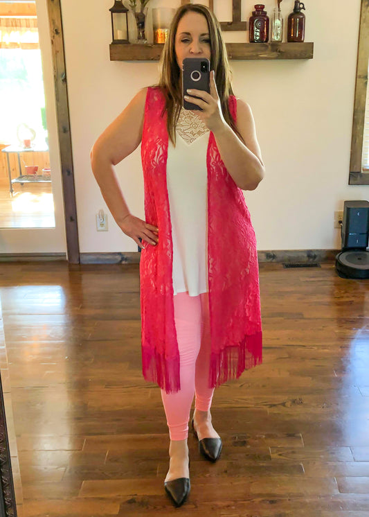 Hot Pink Floral Lace Kimono Duster Vest with Fringe Hem - Infinity Lace Boutique