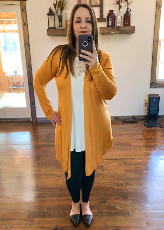 Draped Open Front Long Sleeve Cardigan - Ash Mustard - Infinity Lace Boutique