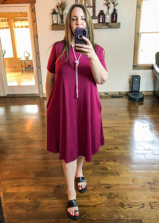 Short Sleeve Midi Dress with Pockets - Plum - Infinity Lace Boutique