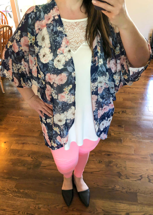 Navy Floral Print Kimono - Infinity Lace Boutique