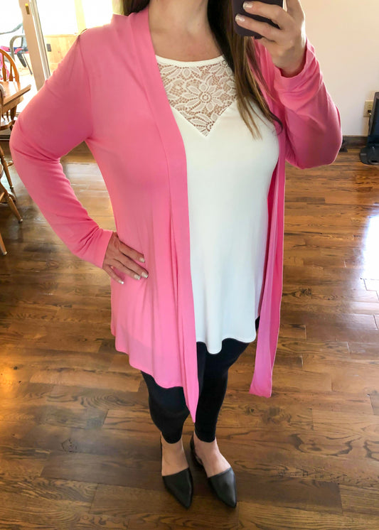 Draped Open Front Long Sleeve Cardigan - Candy Pink - Infinity Lace Boutique