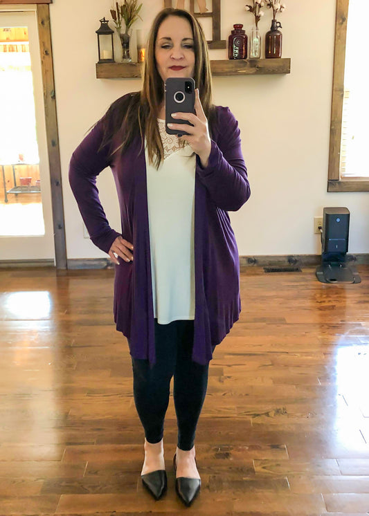 Draped Open Front Long Sleeve Cardigan - Dark Purple - Infinity Lace Boutique