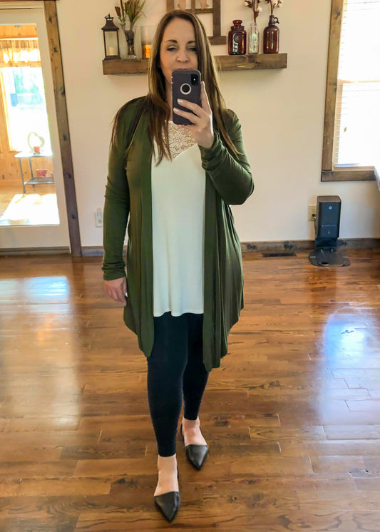 Draped Open Front Long Sleeve Cardigan - Army Green - Infinity Lace Boutique