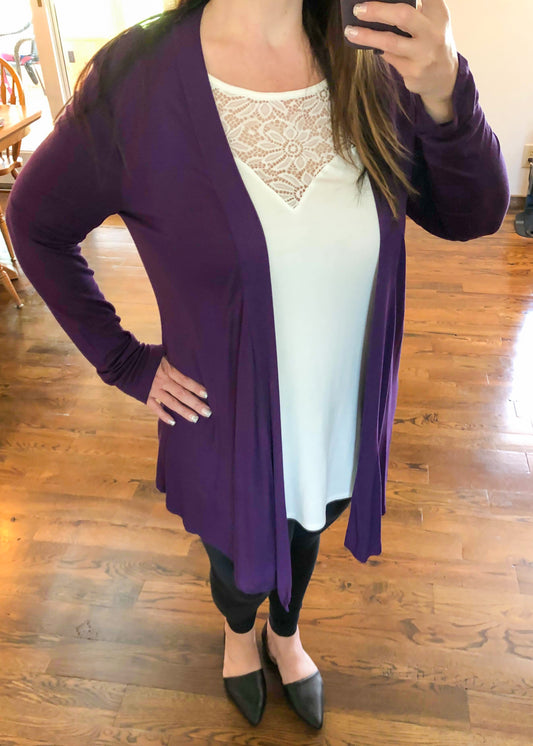 Draped Open Front Long Sleeve Cardigan - Dark Purple - Infinity Lace Boutique