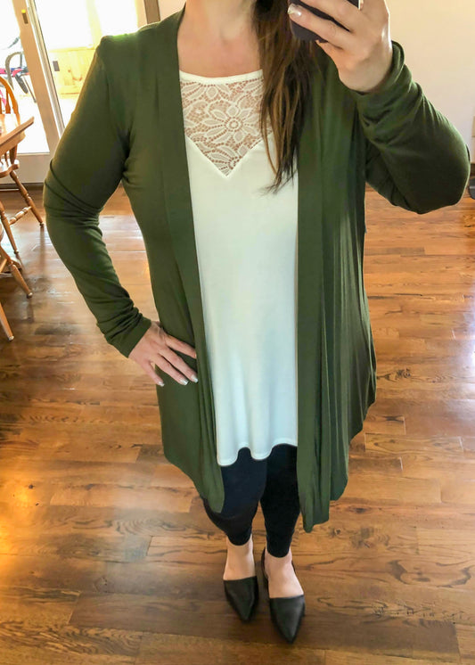 Draped Open Front Long Sleeve Cardigan - Army Green - Infinity Lace Boutique