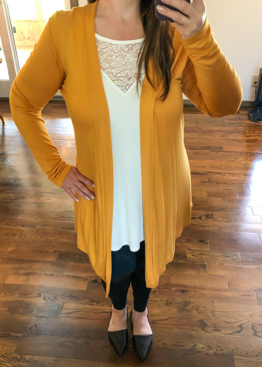 Draped Open Front Long Sleeve Cardigan - Ash Mustard - Infinity Lace Boutique