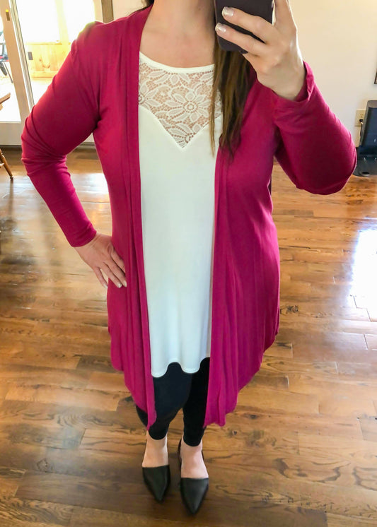 Draped Open Front Long Sleeve Cardigan - Magenta - Infinity Lace Boutique