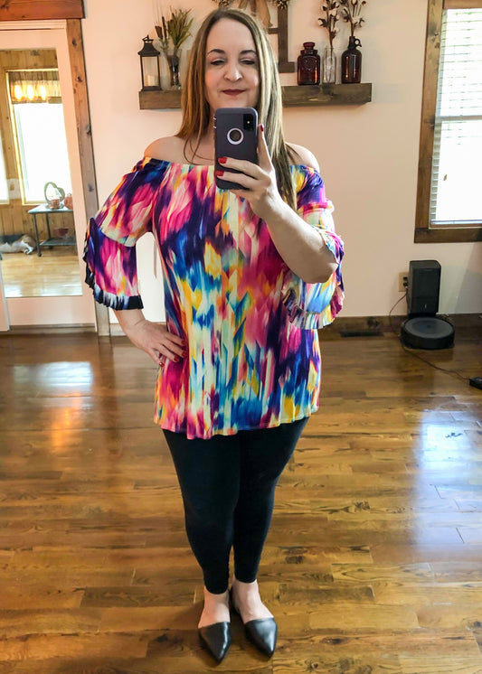 Tie Dye Off The Shoulder Top with Bell Sleeves - Infinity Lace Boutique
