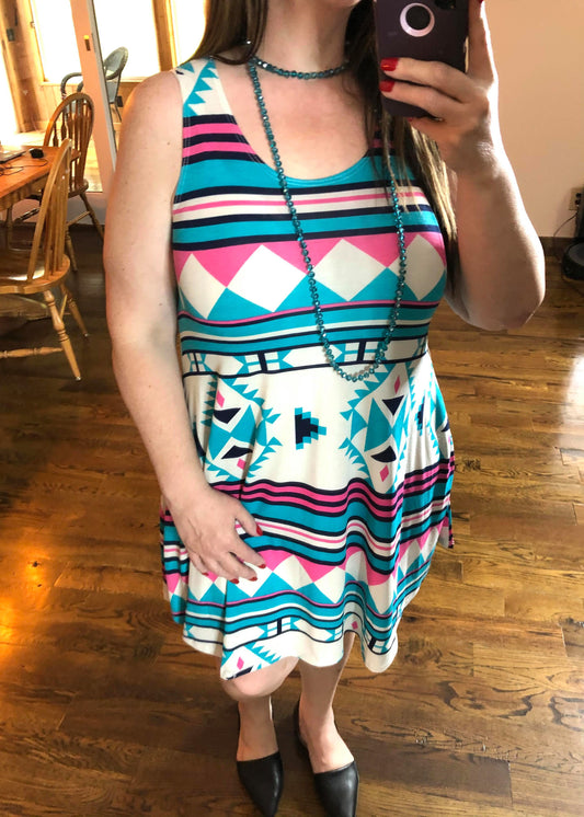 Aqua Blue Aztec Print Dress with Pockets - Infinity Lace Boutique